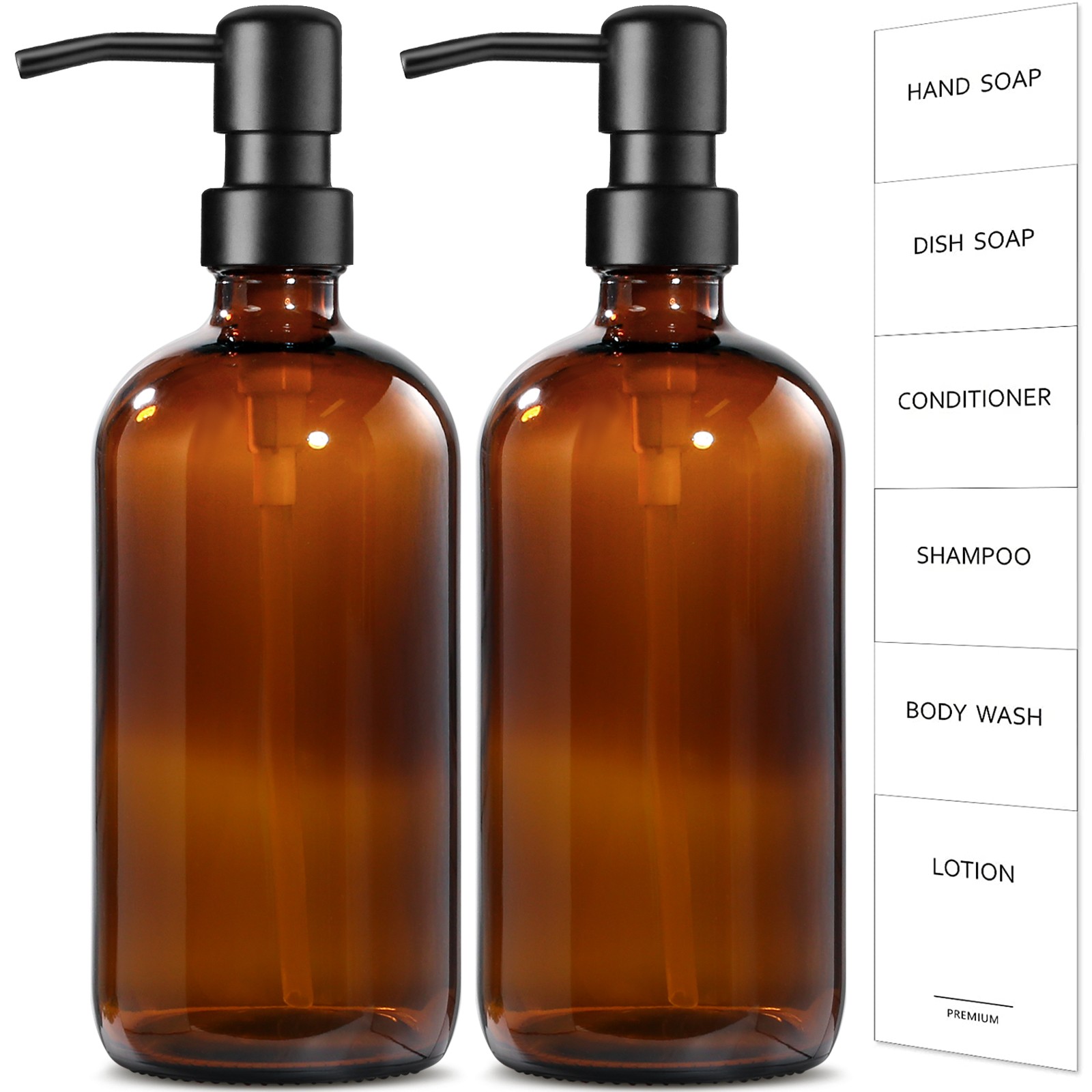 GMISUN Amber Glass Soap Dispenser, 2 Pack Bathroom Hand Soap Dispenser with Stai