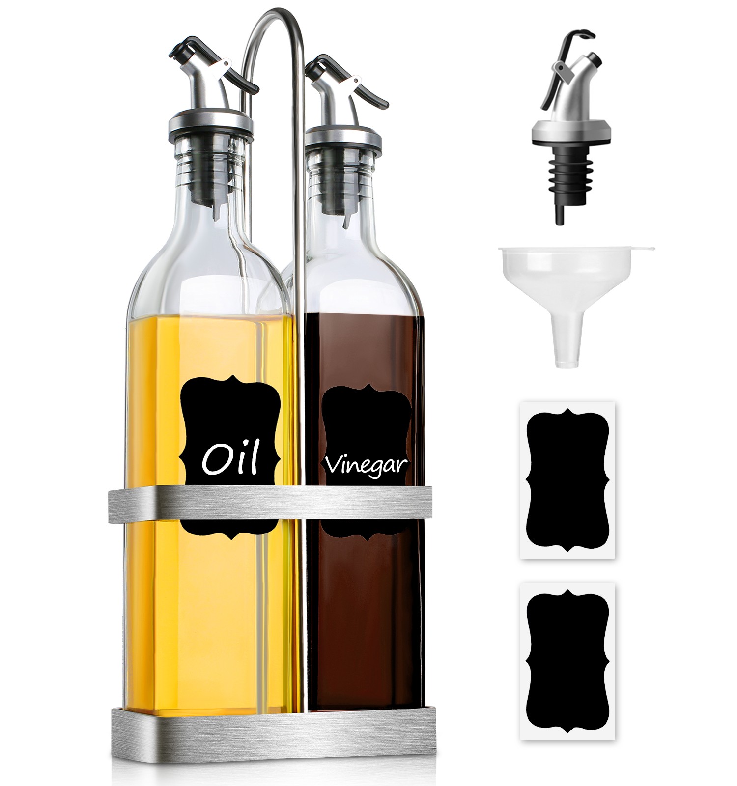 GMISUN Oil and Vinegar Dispenser Set with Stainless Steel Caddy Holder, Oil and 