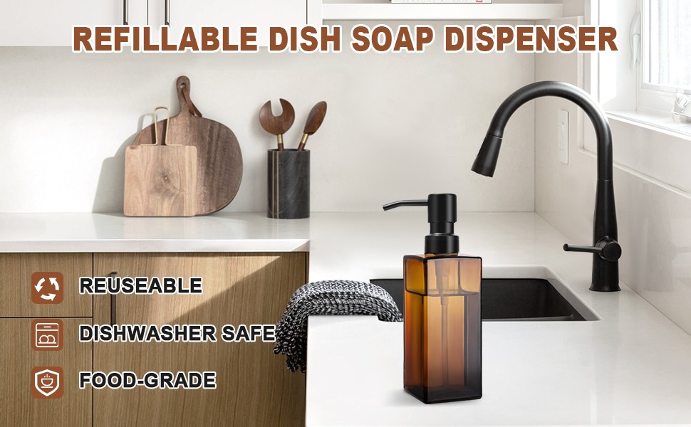 GMISUN Amber Glass Soap Dispenser with Stainless Steel Pump, Hand Soap Dispenser