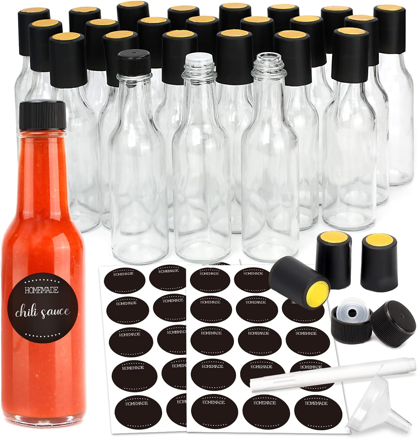 GMISUN Mini Hot Sauce Bottles 5 oz, 24 Pack Glass Woozy Bottles with Shrink Caps