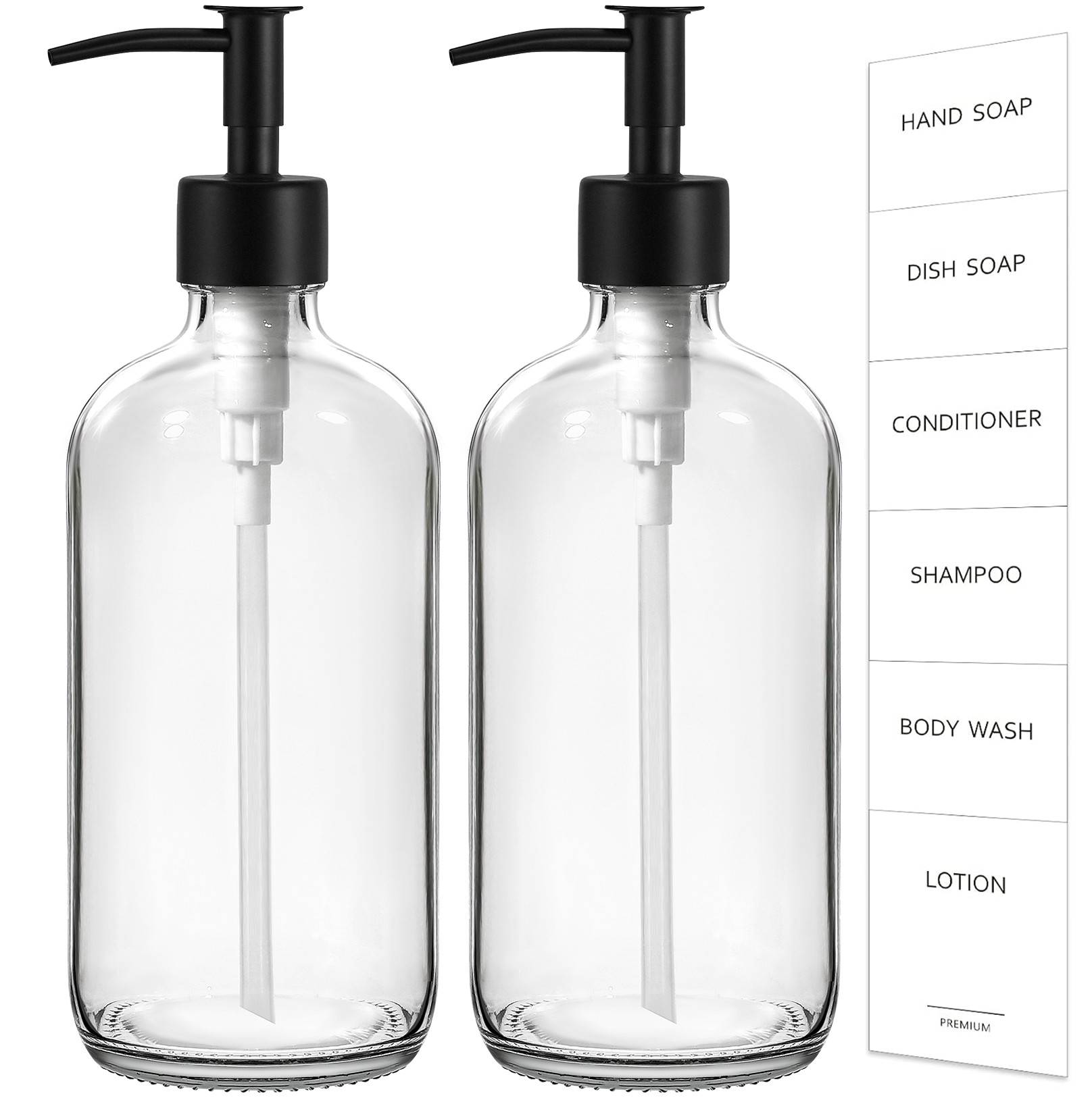 GMISUN Glass Soap Dispenser with Matte Black Stainless Steel Pump, 2 Pack Clear 