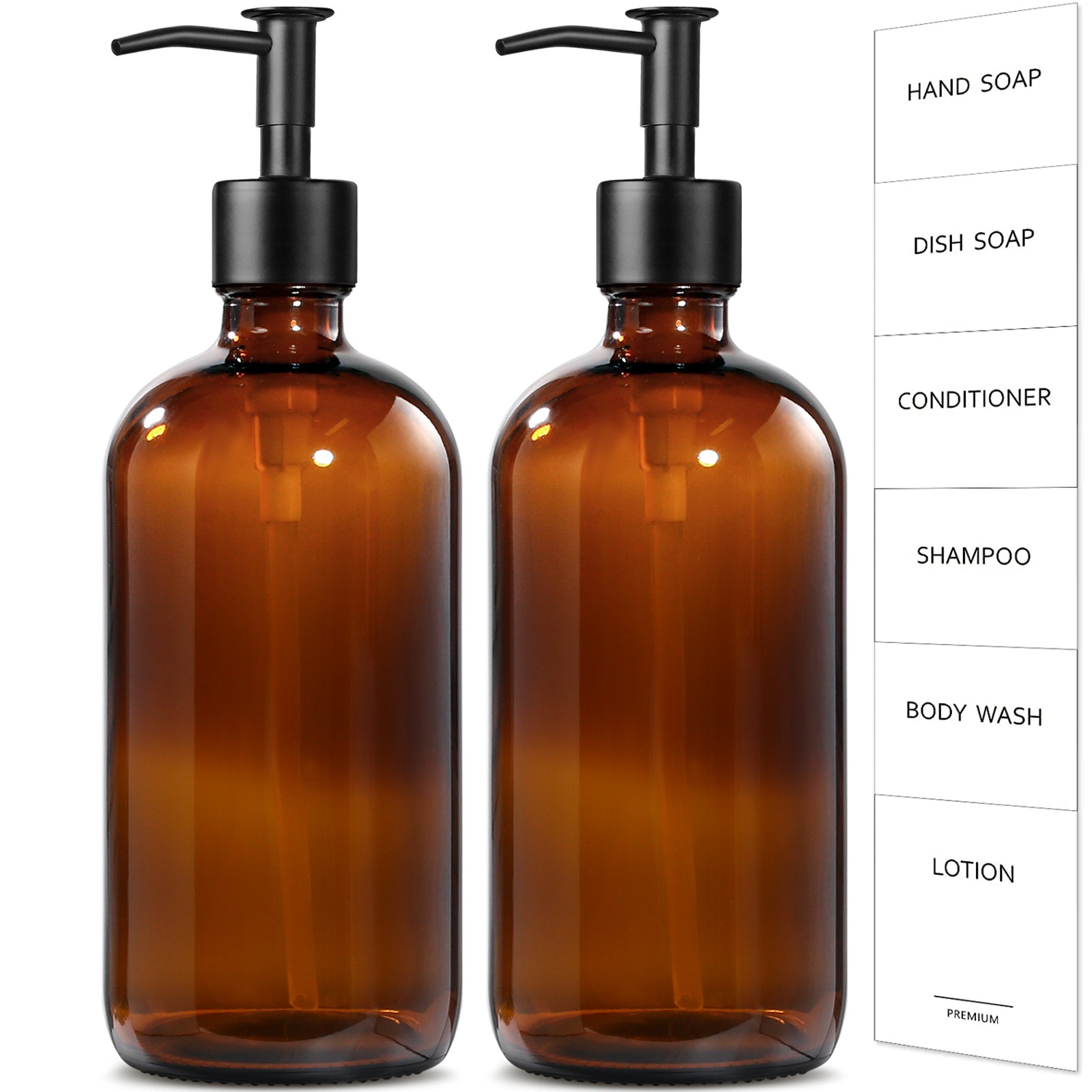 GMISUN Amber Glass Soap Dispenser, 2 Pack Thick 16 Oz Hand and Dish Soap Dispens